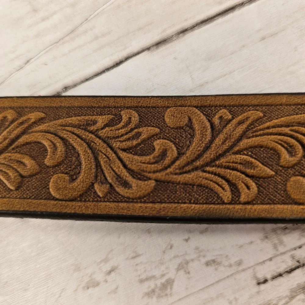 Kid Western Brown Leather Tooled Belt Longhorn Bull Trophy Buckle Made in USA 22